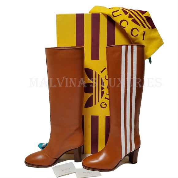 GUCCI BOOTS ADIDAS X KNEE HIGH STRIPE BROWN LEATHER  sz 38 8 US - Picture 5 of 16